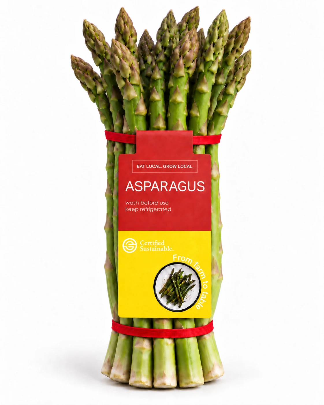 Asparagus bunch with a visible paper tag attached to a red band